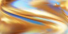 Golden Hologram Background With Blue Tints. Wavy Pattern In Motion. Gold Leaf. Luxury Holographic Foil Background For Design. Vector Illustration Using Gradient Mesh.