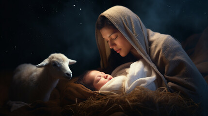 christmas. the virgin mary with the newborn jesus christ in a manger in a cave with a lamb. the nati