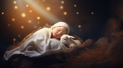 Wall Mural - Christmas card. Baby Jesus Christ with a lamb. The nativity scene. Christian Religious background