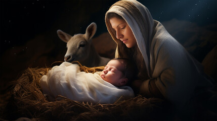 Wall Mural - Christmas. The Virgin Mary with the newborn Jesus Christ in a manger in a cave with a lamb. The nativity scene. Christian religious illustration, background, banner