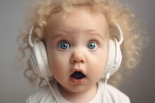 Cheerful Surprised Baby 6 Months Old Wearing Headphones To Listen To Music, Music With A Positive Effect On The Concept Of Cognitive Development Of The Child. Generative AI