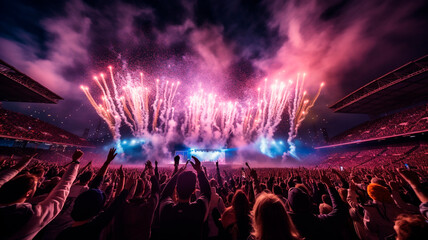 Wall Mural - A live event, such as a concert or halftime show, taking place at a sports stadium. A large crowd of people cheering and enjoying the event. Spectacular fireworks or pyrotechnics illuminating the sky.