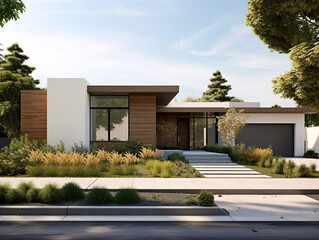 Modern ranch style minimalist cubic house with garage and landscaping design front yard. Residential architecture exterior with wooden cladding and white walls. Created with generative Ai