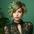 Beautiful fashion model with short stylish hairstyle, studio shot. Fashion portrait of beautiful young woman with short hair and professional makeup. Fashion model in green clothes on green background