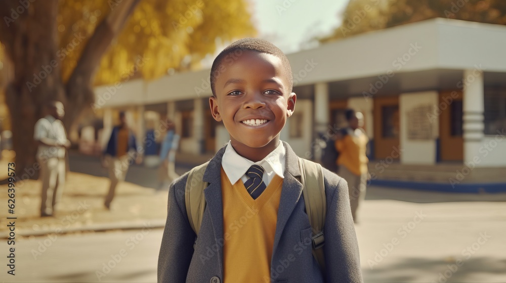 Happy African American schoolboy standing in front of a school building ...