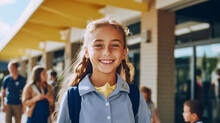 Happy Schoolgirl Standing In Front Of A School Building Outdoors. Smiling Young Girl With A Backpack Standing In Front Of The School Campus. Cheerful Young Caucasian Student On Her Way To An Academy.