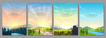 Vector Illustration. A Set Of Mountain Landscapes In A Flat Style. Natural Wallpapers. Geometric Minimalist, Polygonal Concept. Sunrise, Path In Meadow, Forest Trees By Cliff, Water Stream By Woods
