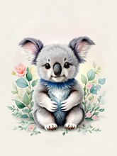 Koala With A Floral Painted In A Watercolor Style