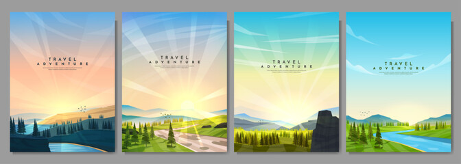 vector illustration. a set of mountain landscapes in a flat style. natural wallpapers. geometric min