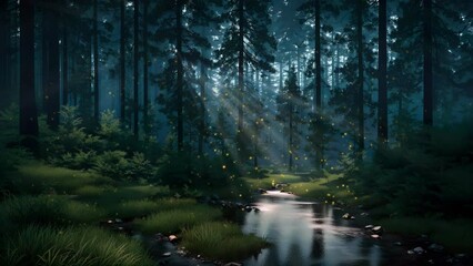 Wall Mural - magic supernatural firefly lights soaring over forest river among pine tree silhouettes at dark myst