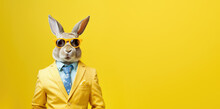Cool Looking Rabbit Wearing Funky Fashion Dress - Jacket, Shirt, Tie. Wide Banner With Space For Text At Side. Stylish Animal Posing. Generative AI