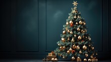A Christmas Tree With Ornaments And Presents In Front Of A Blue Wall. Copy Space, Place For Text.