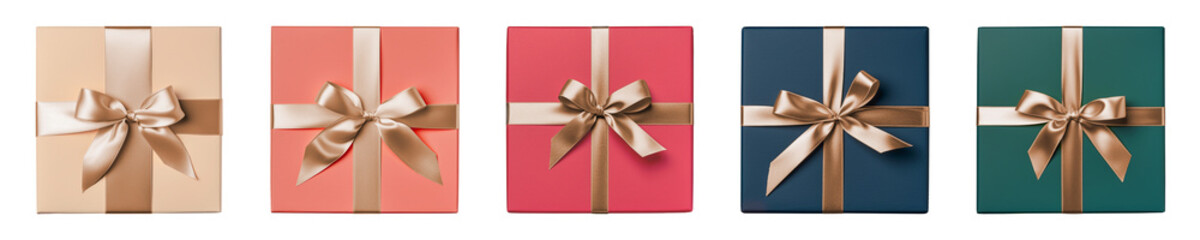 Gift box with gold ribbon on transparent background. Generative AI