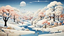 A Painting Of A Snowy Landscape With A River Running Through It.