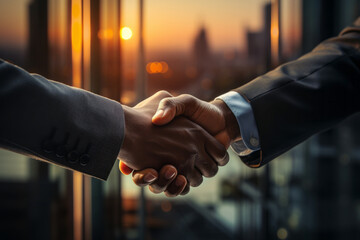 businessman handshake on workplace background at sunset. partnership, successful deal, agreement, bu