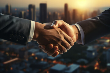 businessman handshake on skyscraper background at sunset. partnership, successful deal, agreement, b