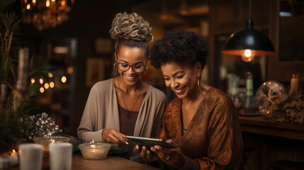 An older woman teaching another woman how to do a tech job on a tablet. Generative AI. 