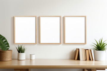 Close up Three Small Blank Vertical White Framed Poster Mockup on Office Room Wall, Modern Minimalist Interior Design Style, Cozy Decoration. Generative AI