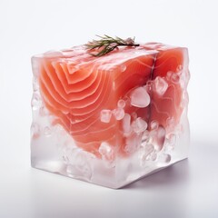 Wall Mural - raw salmon frozen inside of a square block of ice