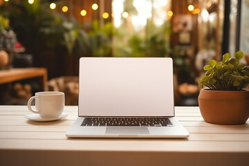 Minimalist Workspace Setup, Blank Screen Laptop Display Mockup on Cozy Desk, Perfect for Showcasing Apps and Websites. Generative AI