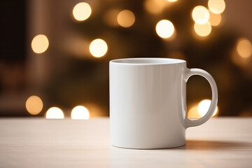 Minimalist Blank White Ceramic Mug Mockup on Cozy Christmas Background, Empty Coffee Mug. Generative AI