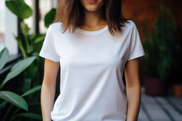 Wall Mural - Blank White T-Shirt Mockup on Female Model, Empty Shirt Template for Fashion Display. Generative AI