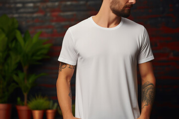 Wall Mural - Blank White T-Shirt Mockup on Male Model, Empty Shirt Template for Fashion Display. Generative AI