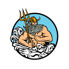 Wall Mural - Mascot illustration of Aegir, Hler or Gymir God of the sea in Norse mythology with trident and waves splashing viewed from front set inside circle on isolated background in retro style.