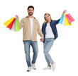© New Africa - Family shopping. Happy couple with many colorful bags holding hands on white background