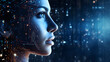 Woman face side view in artificial intelligence hologram against advanced AI technology background
