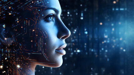 Woman face side view in artificial intelligence hologram against advanced AI technology background