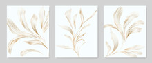 Luxury Botanical Abstract Art Background With Golden Leaves Hand Drawn In Line Style. Vector Set For Decoration Design, Print, Textile, Poster, Wallpaper, Interior Design.