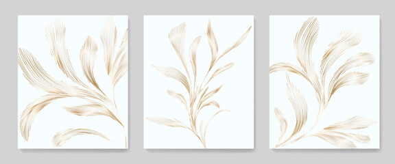 luxury botanical abstract art background with golden leaves hand drawn in line style. vector set for