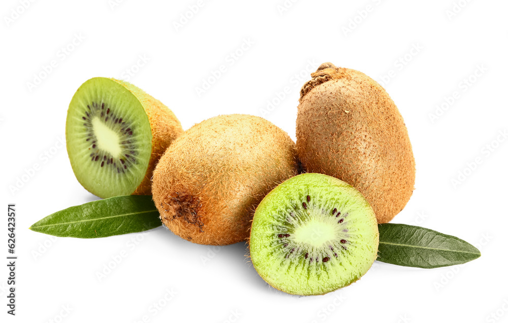 Fresh kiwi and leaves on white background