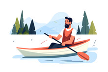A Man Riding In A Canoe With The Oar