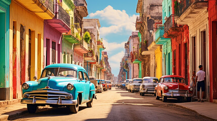 Bustling street in Havana with colorful vintage cars