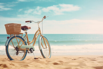 Wall Mural - Bicycle on sandy beach near sea, space for text.