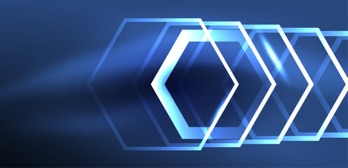 Aufkleber - Hexagon abstract background. Techno glowing neon hexagon shapes vector illustration for wallpaper, banner, background, landing page, wall art, invitation, prints, posters