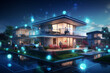© HRTNT Media - Digital Connected Suburban Communty, Interactive Smarthome, Smart Homes and Connected Society Concept , Data Transactions in a Night Time Suburban Area, Generative AI