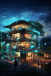 © HRTNT Media - Digital Connected Suburban Communty, Interactive Smarthome, Smart Homes and Connected Society Concept , Data Transactions in a Night Time Suburban Area, Generative AI