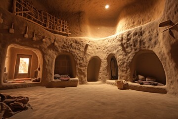 The interior of a traditional and historic mud house in Saudi Arabia's Arab culture.