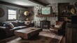 Living room decor, home interior design . Rustic Farmhouse style with Stone Fireplace decorated with Wood and Stone material . Generative AI AIG26.