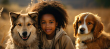 African American Boy Sitting Happily With His Two Dogs On The Grass In The Countryside On A Sunny Day