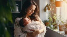 Loving Mom Carying Of Her Newborn Baby At Home. Bright Portrait Of Happy Mum Holding Sleeping Infant Child On Hands. Mother Hugging Her Little 2 Months Old Son.