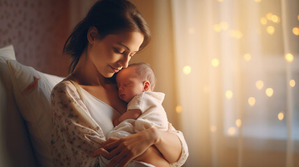 Loving mom carying of her newborn baby at home. Bright portrait of happy mum holding sleeping infant child on hands. Mother hugging her little 2 months old son.