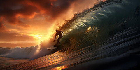 Wall Mural - surfer rides giant wave breaking at the famous surf spot located on in hawaii at sunset