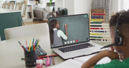 Canvas Print - Composition of biracial boy on laptop online learning with african american female teacher