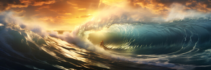 Wall Mural - blue ocean wave in sunset. big waves breaking on an reef along in sunset. high quality photo