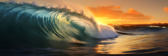 Wall Mural - blue ocean wave in sunset. big waves breaking on an reef along in sunset. high quality photo