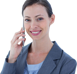 Poster - Digital png photo of caucasian businesswoman talking on smartphone on transparent background